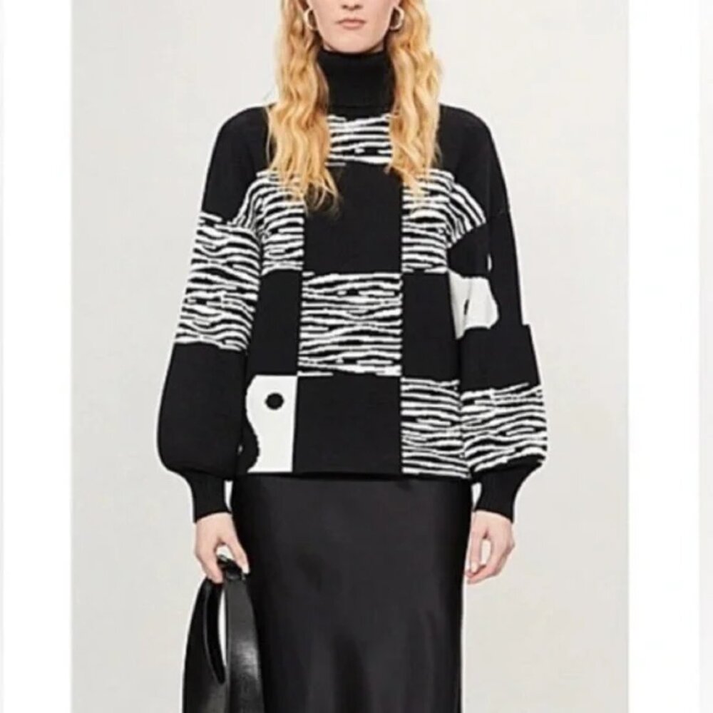STAUD Zedd Luxe Abstract Black White Yin Yang Zebra High neck Warm Sweater S